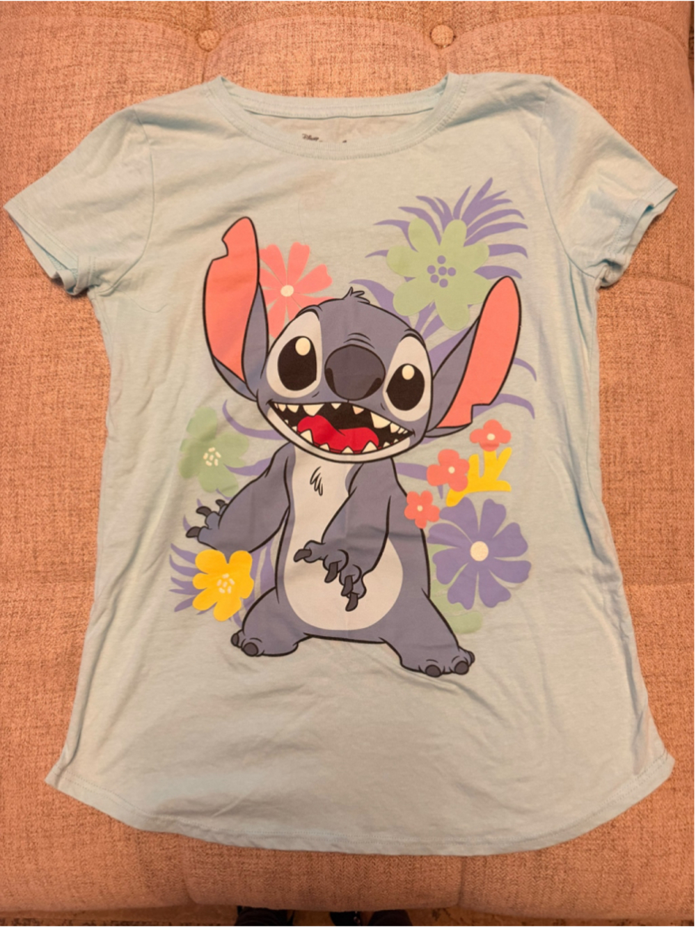 Disney Stitch Women’s XL Light Blue Floral Graphic T-Shirt